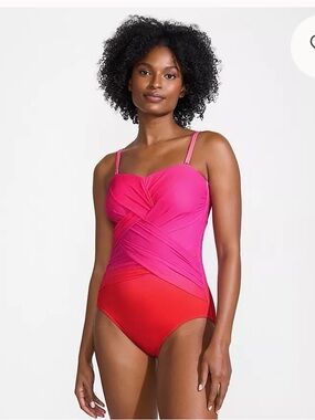 Lands' End Pink-to-Red Ombre Ruched One-Piece Swimwear